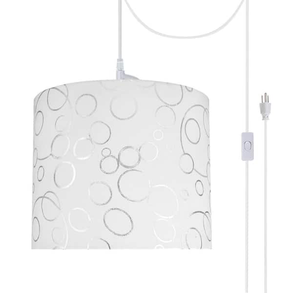 1-Light White Plug-in Swag Pendant with White Hardback Drum Fabric Shade