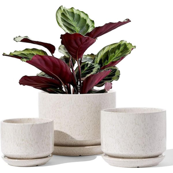 ITOPFOX Modern 6.8 in. L x 6.8 in. W x 5.3 in. H Reactive Glaze Beige Ceramic Round Indoor Planter (3-Pack)