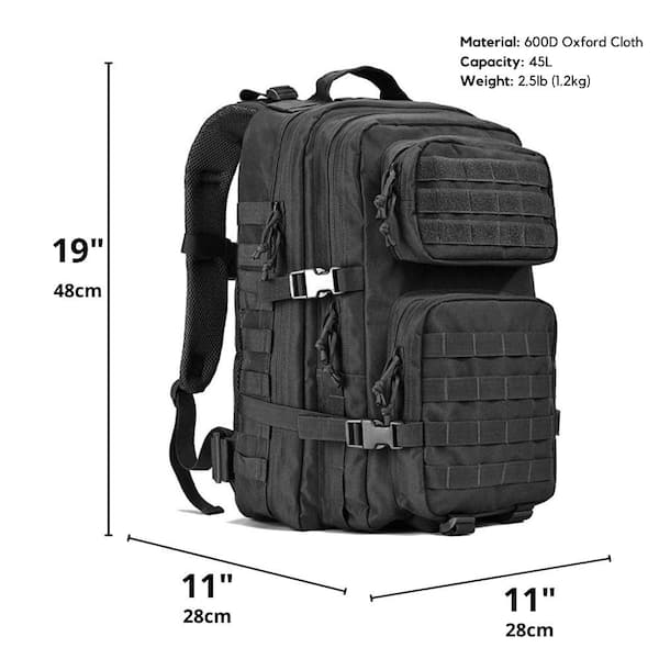 19 in. Black Military 3P Tactical 45L Backpack, Army 3-Day Assault Pack