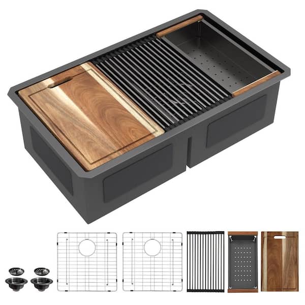 33 in. Undermount 50/50 Double Bowl Gunmetal Black Workstation Kitchen Sink, Stainless Steel Sink with Accessories