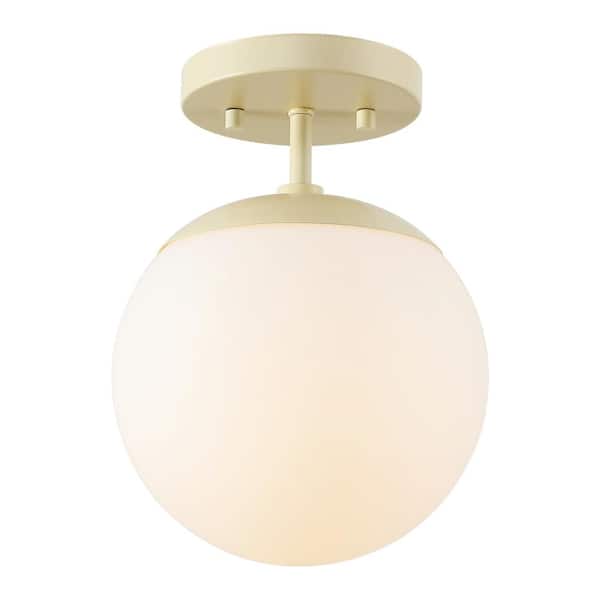 Marcel Bistro 7.75 in. 1-Light Bohemian Farmhouse Iron/Frosted Glass LED Semi Flush Mount, Beige/White