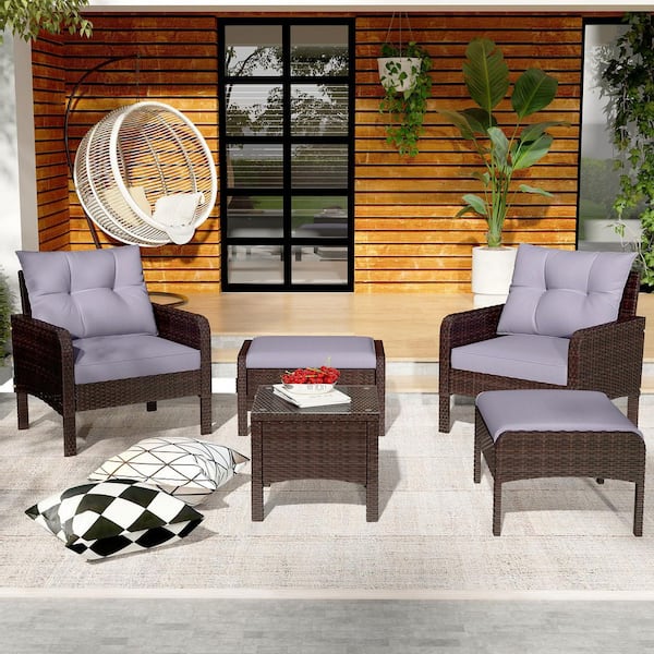 5 Pieces Patio Furniture Set, PE Rattan Wicker Chairs with Ottoman and Table Dark Grey Cushions