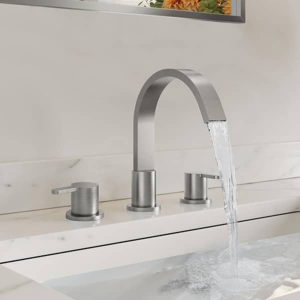 2-Pack Waterfall 8 in. Widespread Double Handle High-Arc Bathroom Sink Faucet in Brushed Nickel Drain Included