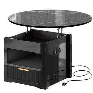 31.5 in. Glossy Black Marble Color Round Wood Coffee Table with Lift Up Desktop and Storage