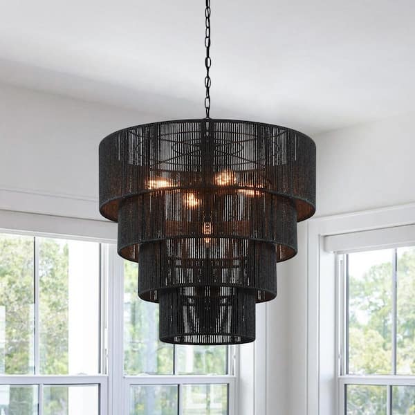 5-Light Black Oversize 4-Tiered Pendant Light with Rattan Shade