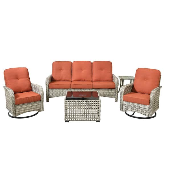 Vinceny Gray 5-Piece Wicker Patio Conversation Set with Orange Red Cushions and Swivel Chairs