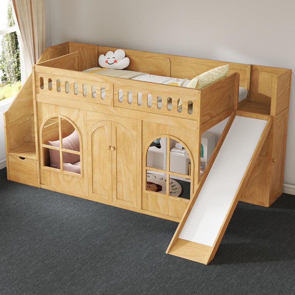 Natural Twin Size Wood Loft Bed with Slide, Storage Staircase, Wardrobe, Decorative Doors and Windows
