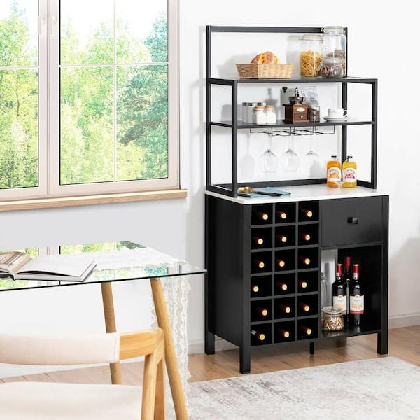 Kitchen 18-Bottle Bakers Rack Freestanding Wine Rack Table w/Glass Holder & Drawer Black