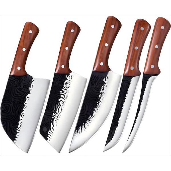 5-Piece Stainless Steel Butcher Knife Set, Meat Cutting Kitchen Knife Set for Home and Outdoor Cooking