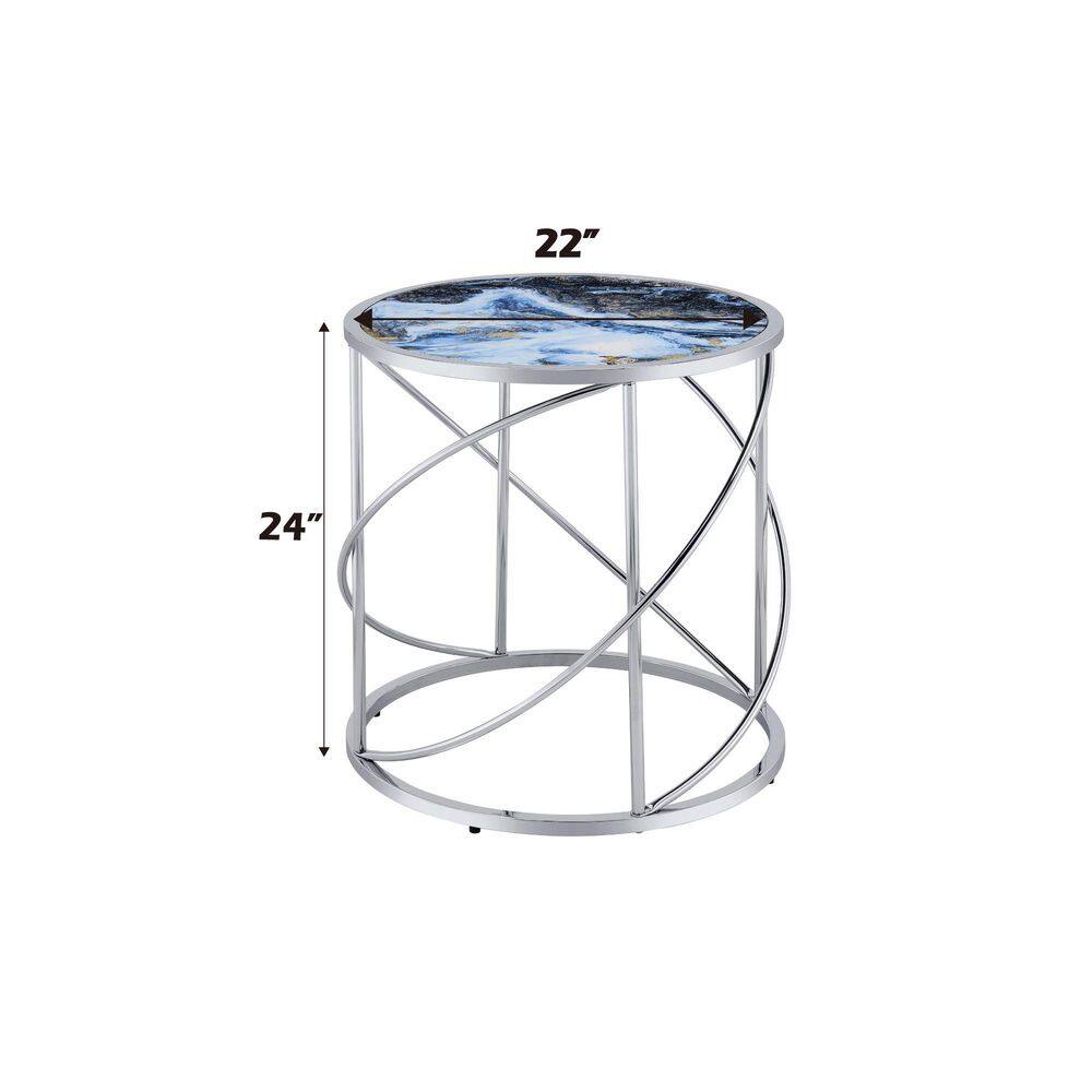Lyda Round Blue Marble Print and Chrome End Table