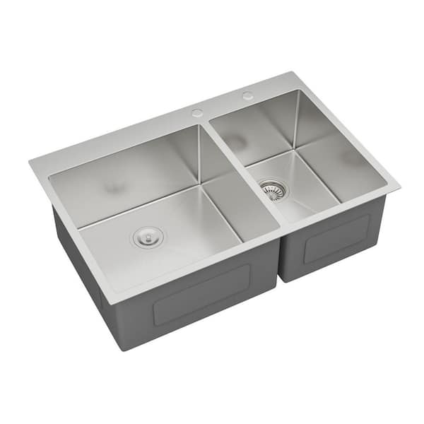 NEW 33 in. Double Bowl (60/40) Drop-in Kitchen Sink, 16 Gauge