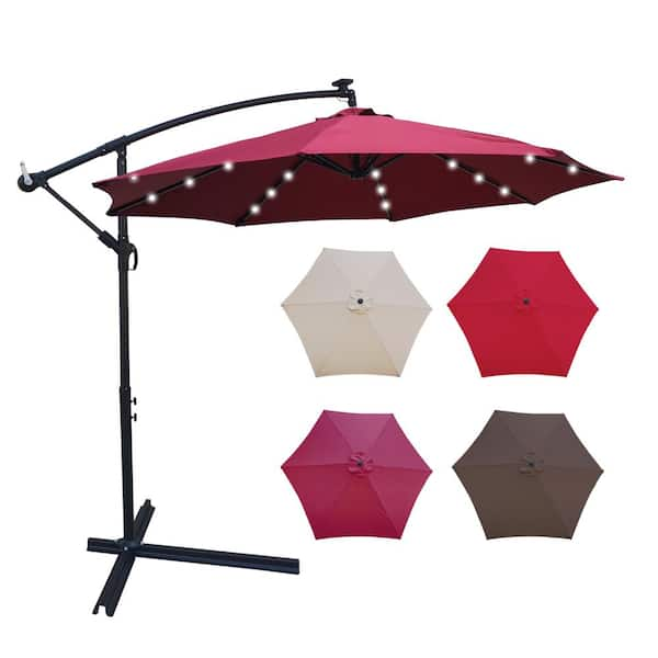 HOMEFUN 10 FT. Solar LED Patio Outdoor Umbrella Hanging Cantilever Umbrella with Adustmentable 24 LED Lights in Burgundy