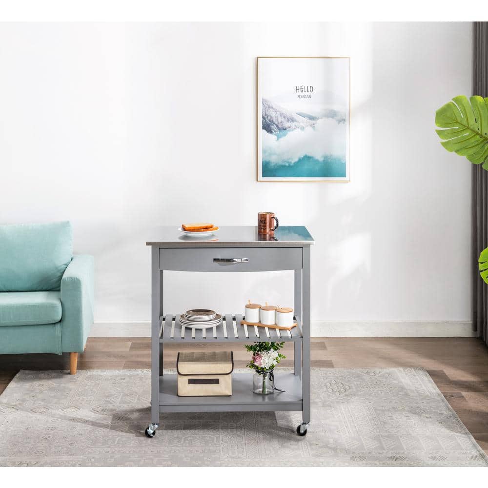 Gray Stainless Steel Top Kitchen Cart with Storage