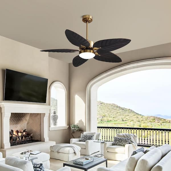52 in. Smart Indoor Black and Gold Banana Leaf-Shaped 5 Blades Ceiling Fans with Lights with Remote Included