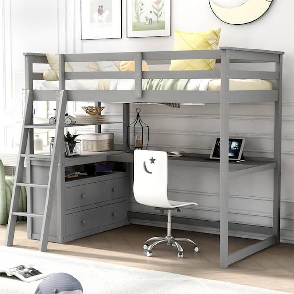 Gray Twin Size Loft Bed with Desk and Shelves