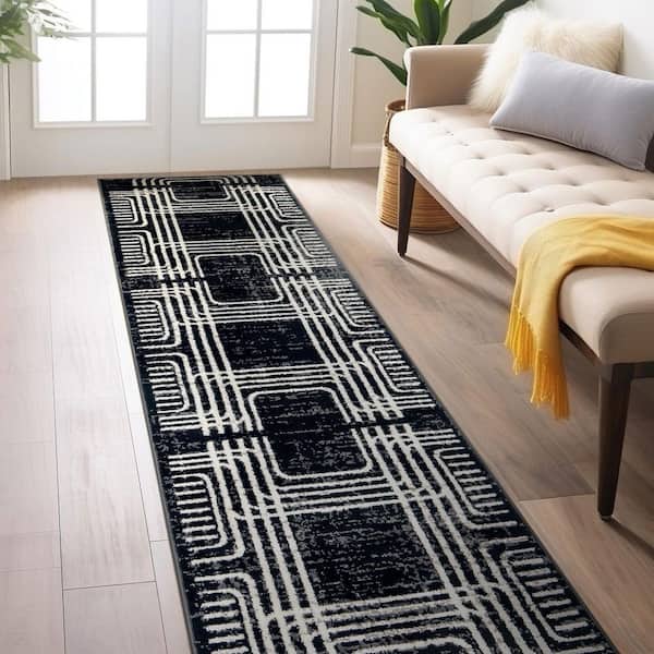 Bohemian Lines Area Rug Black 2 ft. 3 in. x 12 ft. Runner Rug