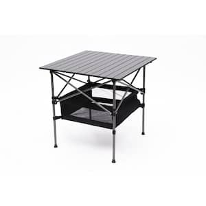 Black Square Aluminum Lightweight Folding Outdoor Coffee Table with Carrying Bag and Storage Basket