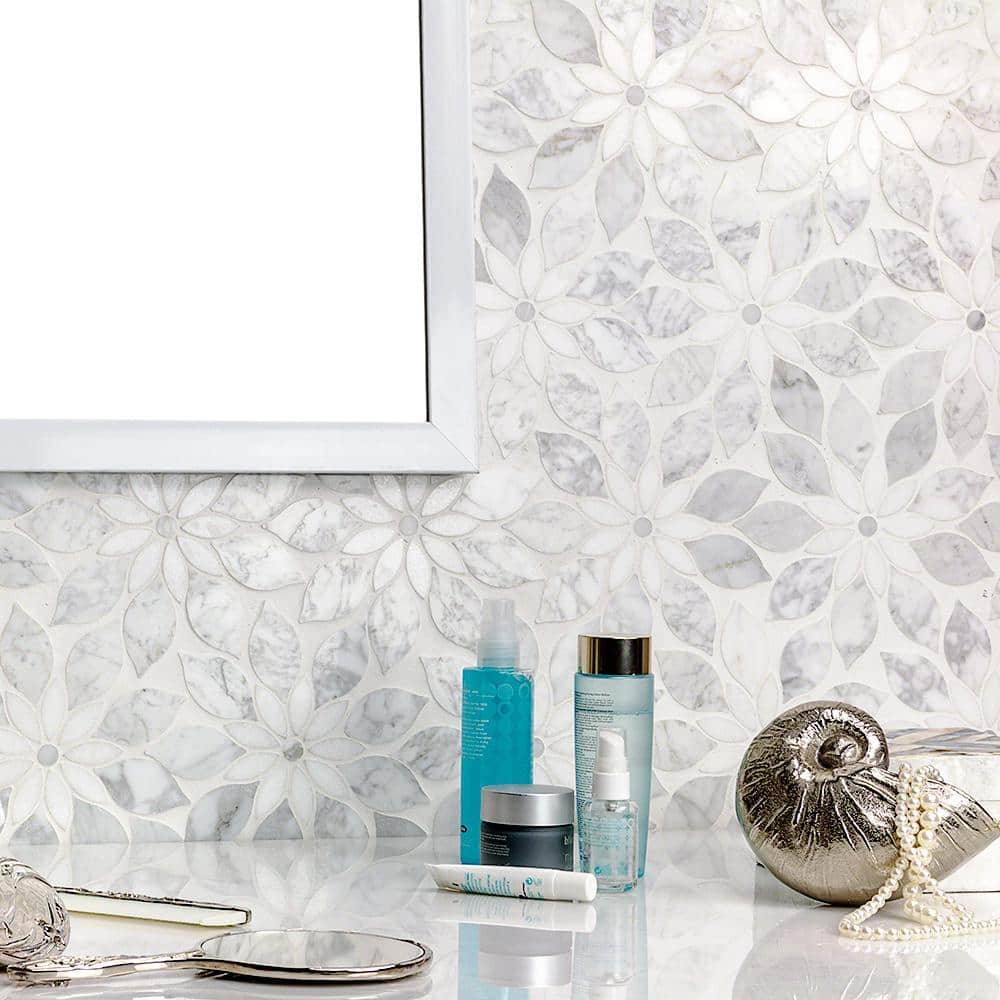 Thistle White Polished Marble Waterjet Mosaic Tile Sheet