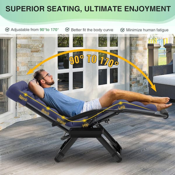 Reclining Patio Lounger Chair Steel Extra Wide Zero Gravity Chair with Cup Holder&Headrest&Removable Blue Mattress