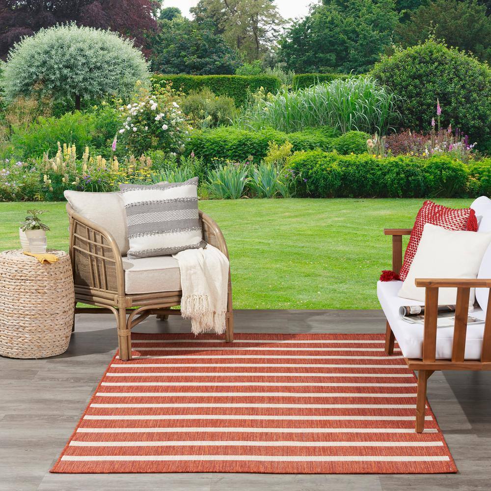 Terracotta Ivory Striped Flat Woven Outdoor Rug 6' x 9'