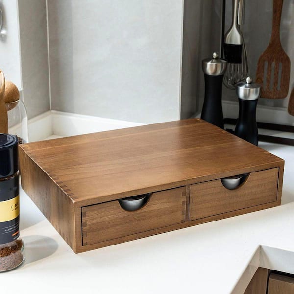 Natural Wood Coffee Pod Drawer Organizer with Two Drawers for Coffee Pods Tea Bags Sugar Bags, 30 Pod Capacity