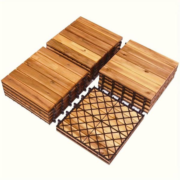 WRIGHTMASTER 0.98 ft. x 0.98 ft. Quick Deck 6 Slats Solid Acacia Wood Interlocking Deck Tile in Teak Brown (25.93 sq. ft. per Box)
