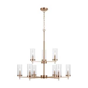 Zire 9-Lights Satin Brass Dimmable Indoor/Outdoor Chandelier with Clear Glass Shades