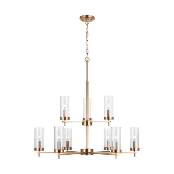 Generation Lighting Zire 9-Lights Satin Brass Dimmable Indoor/Outdoor Chandelier with Clear Glass Shades