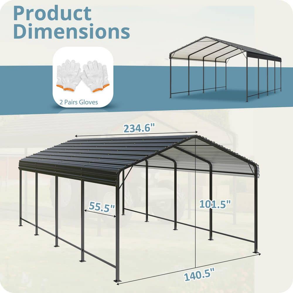 12' x 20' Black Metal Single Car Carport