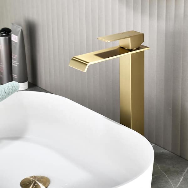 Single Handle Vessel Sink Faucet with Pop-Up Drain, Wide Spout Waterfall Single Hole Bathroom Faucet in Brushed Gold