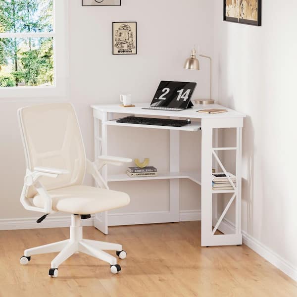 Triangle Corner Desk and Chair Set, 41 in. Keyboard Tray, Ergonomic Office Chair with Flip-Up Armrest, White Standard