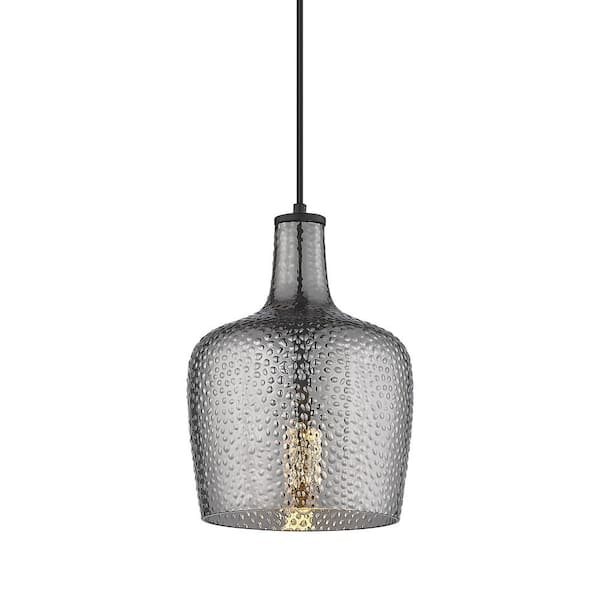 60-Watt 1-Light Pendant Light with Smoky Gray Hammered Glass Shade, No Bulbs Included
