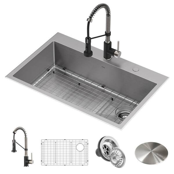 KRAUS Loften All-in-One Dual Mount Stainless Steel 33in. Single Bowl Kitchen Sink with Pull Down Faucet in Black and Steel