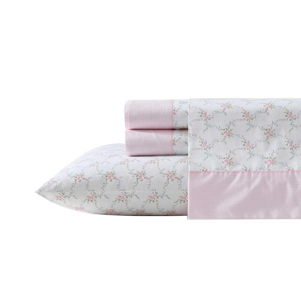 Laura Ashley Lynda 4-Piece Pink 100% Cotton Queen Sheet Set