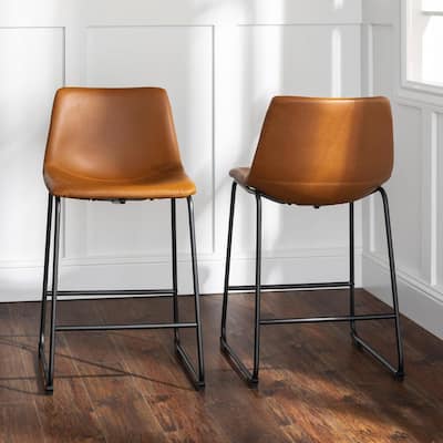 Wasatch 24 in. Whiskey Brown Low Back Metal Frame Counter Height Bar Stool with Faux Leather Seat (Set of 2)