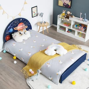 Blue Kids Upholstered Platform Bed Children Twin Size Wooden Bed Galaxy Pattern