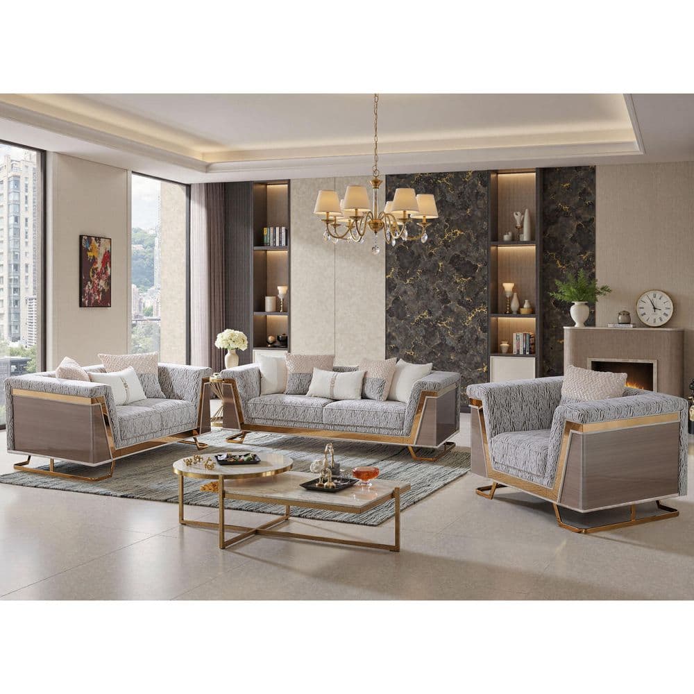 Nace 3-Piece Gold Zebra Fabric Living Room Set with Gold Accents