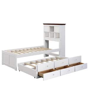 White Wood Frame Twin Size Platform Bed with Bookcase Headboard, Captain's Bed with Trundle and Drawers for Kids Adult