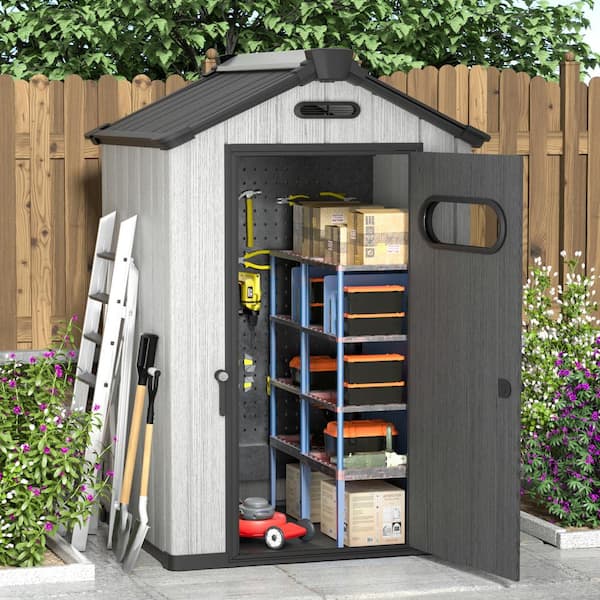 Sizzim 4 ft. W x 3.8 ft. D Outdoor Storage Plastic Shed with Floor and Lockable Door for Patio Lawn and Garden (16 sq. ft.)