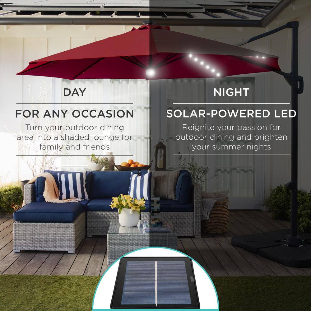 Burgundy 10ft Solar LED Cantilever Patio Umbrella with Cross Base