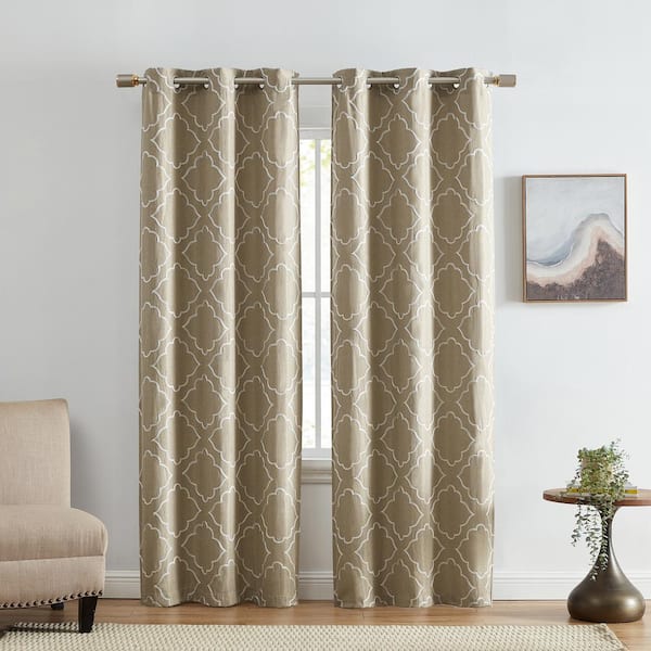 Elrene Valian Tan Polyester Embroidered Lattice 37 in. W x 84 in. L Grommet Top Indoor Blackout Curtains (Set of 2)
