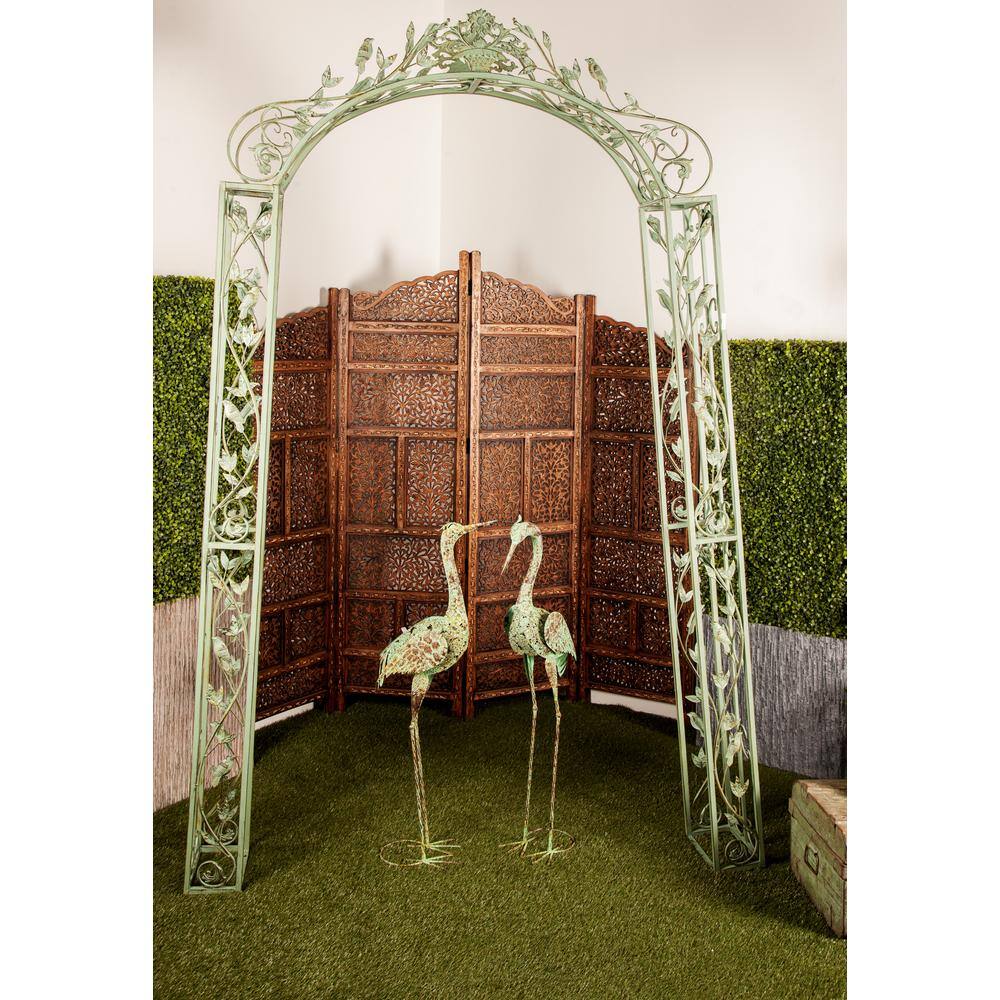 Green Wrought Iron Scrollwork Arched Garden Arbor with Bird Sculptures