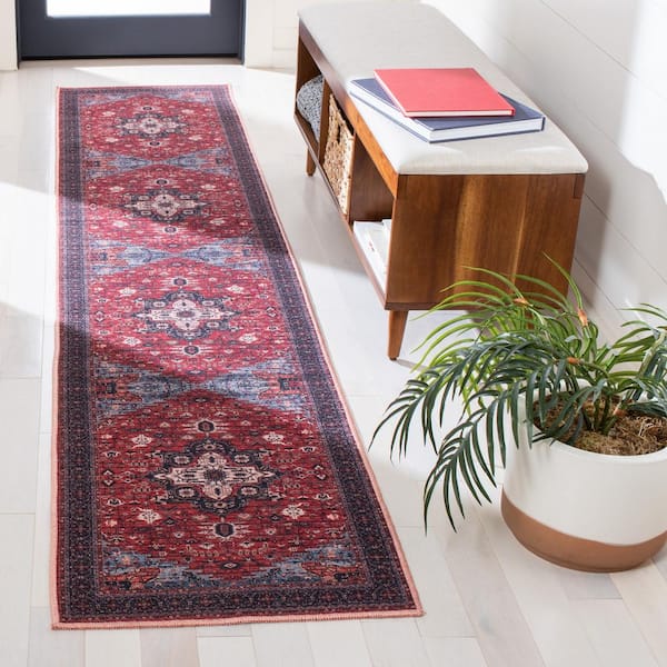 Serapi Red/Navy 2 ft. x 13 ft. Machine Washable Border Geometric Runner Rug