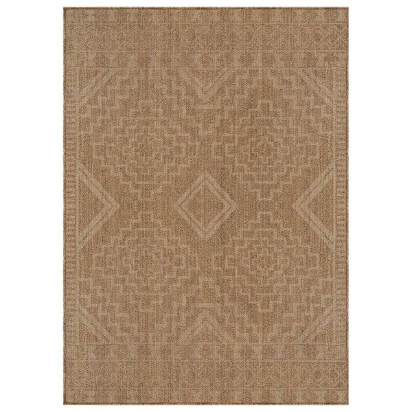 Geometric Border Sand/Natural Easy-Care Jute-Style Indoor/Outdoor Flat Woven 7 ft. 10 in. x 10 ft. Sand Area Rug