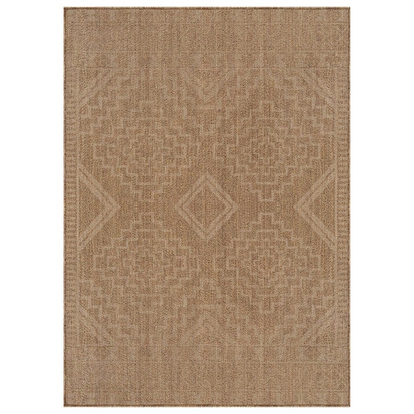 Geometric Border Sand/Natural Easy-Care Jute-Style Indoor/Outdoor Flat Woven 9 ft. x 12 ft. Sand Area Rug