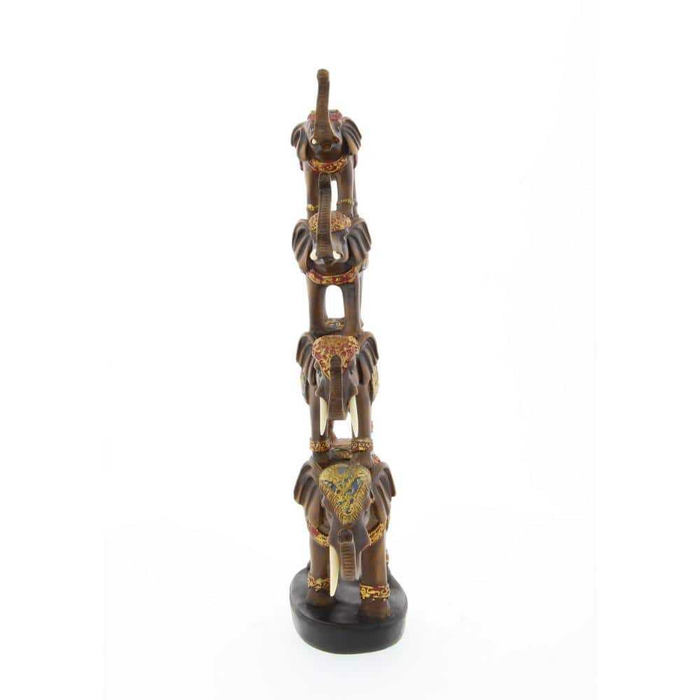 Brown Polystone Stacked Elephant Figurine with Colorful Patterns