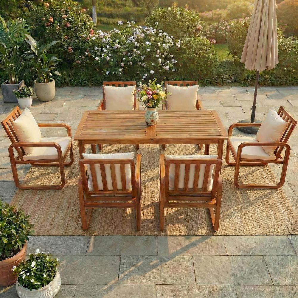 7-Piece Acacia Wood Brown Outdoor Dining Set Outdoor Furniture Set with Removable Beige Cushions price history on PriceWatchPro