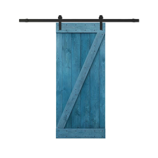 CALHOME 28 in. x 84 in. Ocean Blue Stained DIY Wood Interior Sliding Barn Door with Hardware Kit