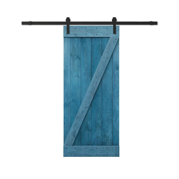 CALHOME 32 in. x 84 in. Ocean Blue Stained DIY Wood Interior Sliding Barn Door with Hardware Kit