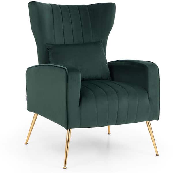 Turquoise Velvet Wingback Upholstered Chair with Lumbar Pillow and Golden Metal Legs